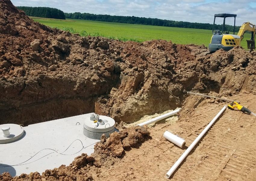 Terreno removido y saturado alrededor de una fosa séptica en obras
