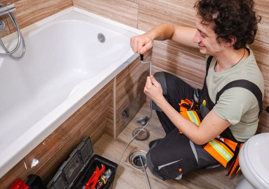 Fontanero revisando el desagüe de una bañera para localizar un olor a alcantarilla