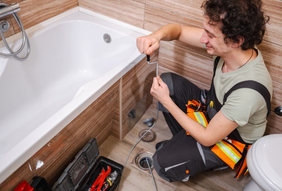 Técnico limpiando el desagüe de una bañera con sonda flexible en A Coruña